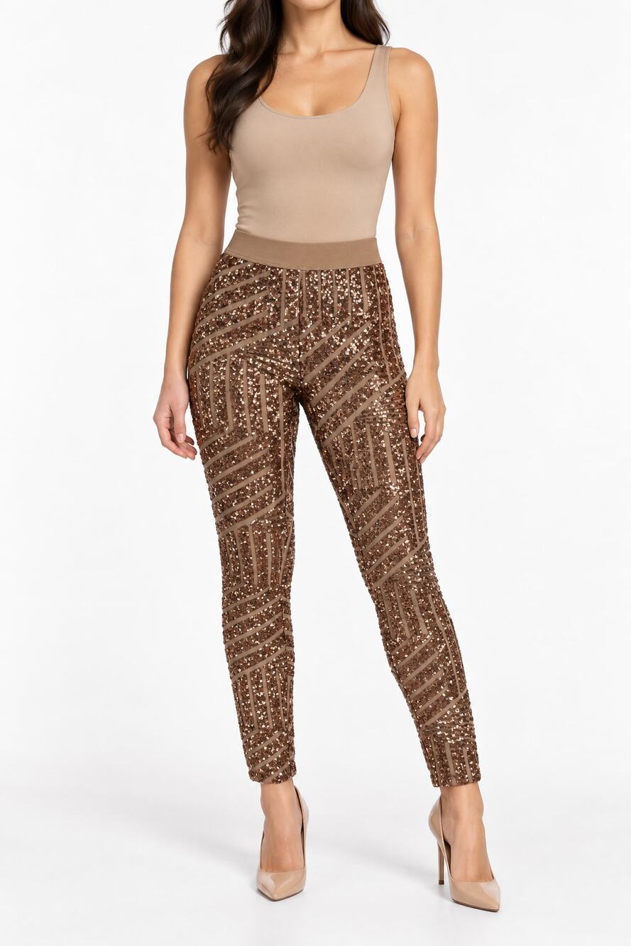 BCBGMAXAZRIA Women's Rose Gold Geometric Sequin Leggings XS Excellent Condition